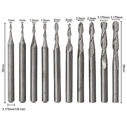 Carbide End Mill Set, Ball Nose Twist End Mill Carbide Burrs Set Shank Diameter 1mm 1.5mm 2.0mm 2.5mm 3.175mm for CNC Engraving, Milling, Roughing,