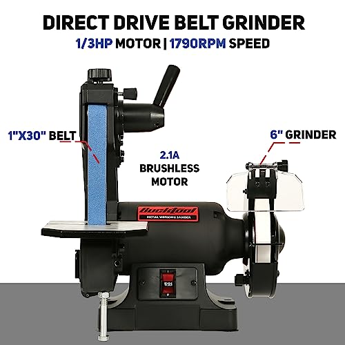 Bucktool Low Speed Bench Belt Grinder Combo, 2.1A 1x30 inch Belt & 6 inch Grinder, 1/3 HP Low Speed Bench Belt Disc Sander Combo for Knife Making, Bucktool