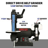 Bucktool Low Speed Bench Belt Grinder Combo, 2.1A 1x30 inch Belt & 6 inch Grinder, 1/3 HP Low Speed Bench Belt Disc Sander Combo for Knife Making, Bucktool