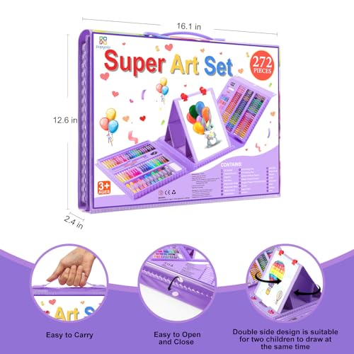 Art Supplies, 272 Pack Art Set Drawing Kit for Girls Boys Teens Artist, Deluxe Gift Art Box with Trifold Easel, Origami Paper, Coloring Pad, Drawing POPYOLA