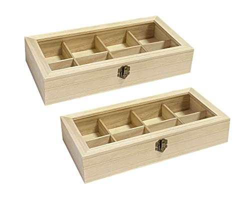 Cregugua 2 Pack Unfinished Wooden Box with Glass Lid, Wood Jewelry Storage Tray Box,8 Compartment Organizer 12.6 x 6.3 x 2.4 In