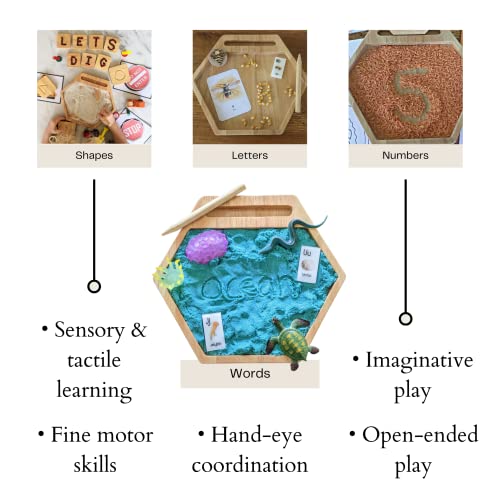  Montessori Sand Tray with Flashcard Holder and Flashcards, Play Sand & Wooden Stylus, Wooden Hexagon Tray, Sensory Bin, Tactile &  Sensory Toys