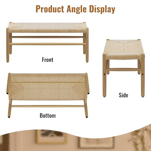 Recaceik Indoor Entryway Bench with Paper Cord Ottoman, Mid-Century Long Bench with Rubber Wood Legs, French Vanity End Bed Bench for Bedroom Living Recaceik