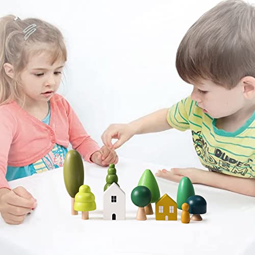Promise Babe Wooden Tree Toys - Montessori Wooden Blocks Stacking Toys for Toddlers, Miniature Trees & House Various Sizes Woodland Creative Craft