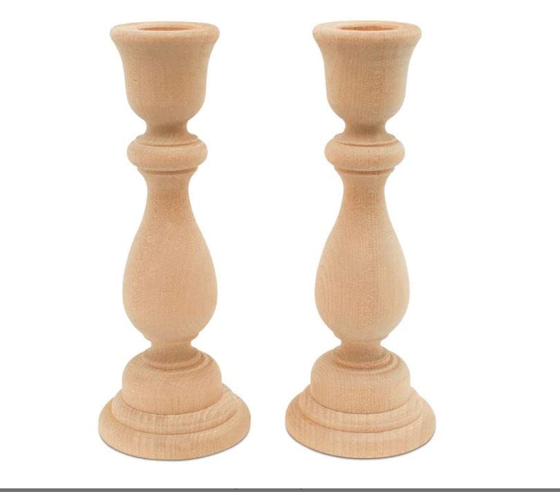Wood Candle Holders - Tall Wooden Candlestick Holders for 7/8" Taper Candles - Smooth Unfinished Raw Pine Wood Holder for DIY Arts & Crafts - Rustic