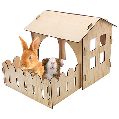 Fhiny Wooden Rabbit Castle Hideout with Fence, Small Animal Rest and Play House Hideaway with Window Detachable Rabbit Bed Hut Bunny Castle for - WoodArtSupply