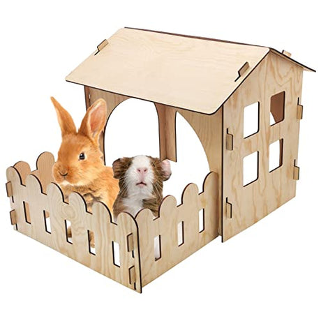 Fhiny Wooden Rabbit Castle Hideout with Fence, Small Animal Rest and Play House Hideaway with Window Detachable Rabbit Bed Hut Bunny Castle for Fhiny