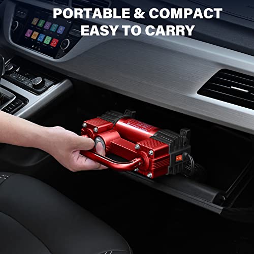 GSPSCN Red Tire Inflator Heavy Duty Double Cylinders, Portable Metal DC 12V Air Compressor, 150PSI Tire Pump with Adapter for Car, Truck, SUV Tires, GSPSCN