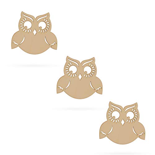 3 Owls Unfinished Wooden Shapes Craft Cutouts DIY Unpainted 3D Plaques 4 Inches