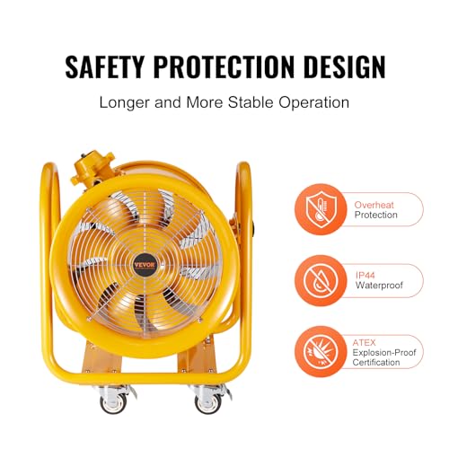 VEVOR Portable Blower Explosion Proof Utility Fan 16 inch, 4240 CFM Heavy Duty Cylinder Exhaust Fan With 16.4ft Power Cord - No Plug, Industrial VEVOR