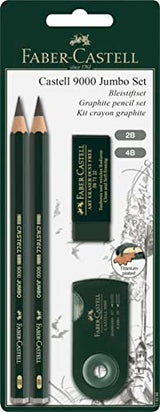 Faber-Castell 9000 Jumbo Graphite Pencil Set - 2 Graphite Sketch Pencils (2B, 4B), Double Hole Pencil Sharpener, Dust Free Art Eraser - Graphite Faber-Castell
