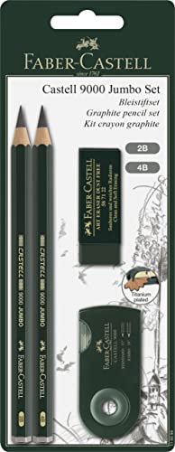 Faber-Castell 9000 Jumbo Graphite Pencil Set - 2 Graphite Sketch Pencils (2B, 4B), Double Hole Pencil Sharpener, Dust Free Art Eraser - Graphite Faber-Castell