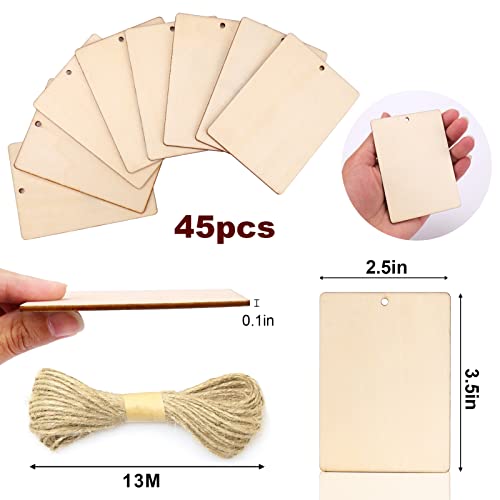 AIERSA 45Pcs Wooden Tags Ornaments, 3.5 x 2.5Inch Larger Unfinished Wood Tags for Crafts with Holes and 42.65 Ft Twine, Rectangle Blank Rustic Wood