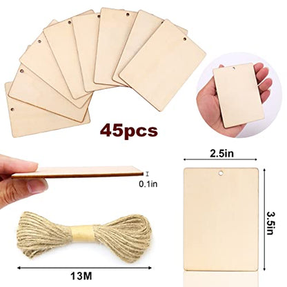 AIERSA 45Pcs Wooden Tags Ornaments, 3.5 x 2.5Inch Larger Unfinished Wood Tags for Crafts with Holes and 42.65 Ft Twine, Rectangle Blank Rustic Wood