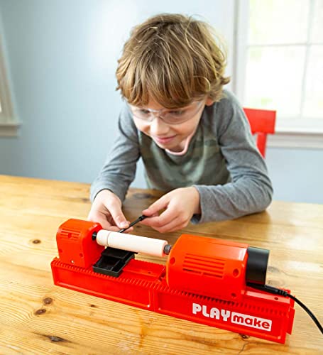 PLAYmake Kids’ 4-in-1 Woodshop Carpentry Cool Tool with Jigsaw, Lathe, Drill Press, Sander, Power Supply, Safety Goggles, Extra Supplies, and Deluxe HearthSong