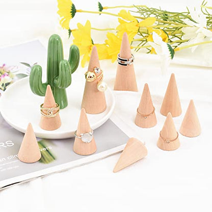 Luckforest Natural Wood Cones, 10Pcs 3 Different Sizes Wood Cone Rings Holder Jewelry Display Stand Vertical Shaped Unpainted Wooden Cones for Girls