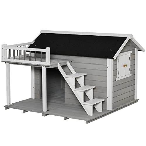 PawHut Wooden Dog House Outdoor with Porch, Cabin Style Raised Pet House with Ladder Balcony Water-Resistant Asphalt Roof, for Medium and Large Dogs