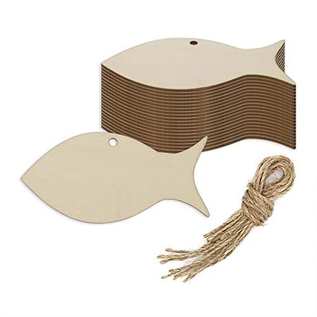 Creaides Fish Wood DIY Craft Cutout Wooden Sea Animals Hanging Ornaments with Hole Hemp Ropes Gift Tags for Wedding Birthday Party Decoration Creaides