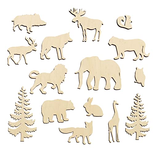 Set of 15 Wood Cutouts,Forest Animals Wood Cutouts for Crafts,Wooden Crafts to Paint,Unfinished Wooden Animal Cutout,Bear Deer Pine Trees Elephant Zhuper