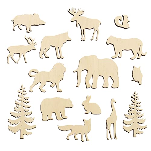 Set of 15 Wood Cutouts,Forest Animals Wood Cutouts for Crafts,Wooden Crafts to Paint,Unfinished Wooden Animal Cutout,Bear Deer Pine Trees Elephant