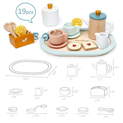 PairPear Wooden Tea Set for Little Girls, Wooden Toys Toddler Tea Set Play Kitchen Accessories for Kids Tea Party with Play Food. - WoodArtSupply