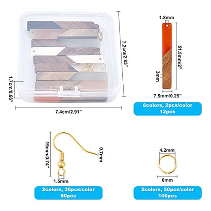 OLYCRAFT 12pcs 6 Color Rectangle Wood Resin Earring Making Kits Rectangle Wood Resin Earring Pendants Rectangle Resin Wood Charms with 60pcs Earring - WoodArtSupply