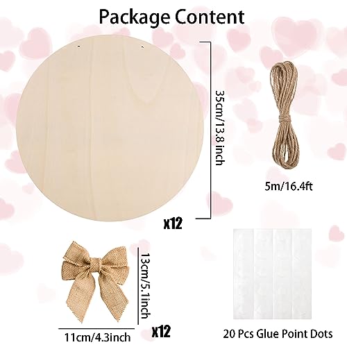 12 Pcs 14 Inch Wood Circles for Crafts Unfinished Wooden Slice Blank Round Wooden Door Hanger Sign Round Wooden Discs with Bows,Twine, Glue Point for AWIZOM