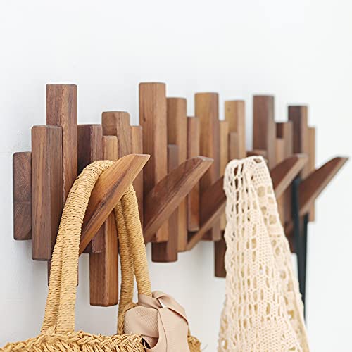 DESAINOPH® Wooden Coat Rack Wall Mounted Sticks Multi Rack Solid Handmade Natural Walnut Wood Artwork with 5 Flip-Down Unique Modern Hooks for Coats DESAINOPH