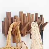 DESAINOPH® Wooden Coat Rack Wall Mounted Sticks Multi Rack Solid Handmade Natural Walnut Wood Artwork with 5 Flip-Down Unique Modern Hooks for Coats DESAINOPH