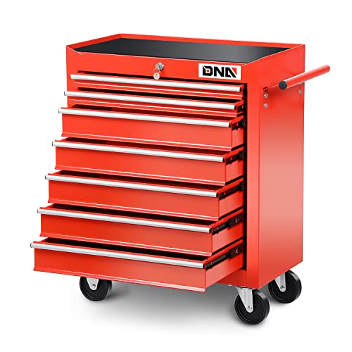 DNA MOTORING TOOLS-00264 7-Drawer Plastic Top Rolling Tool Cabinet with Keyed Locking System,27.55" L X 13" W X 30.31" H,Red DNA MOTORING