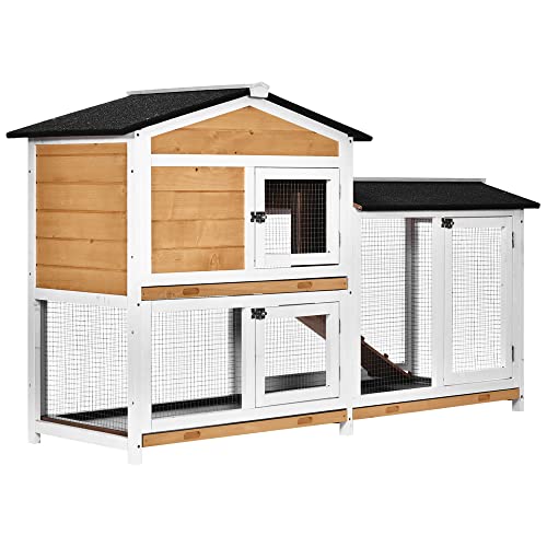 PawHut 2-Story Rabbit Hutch Wooden Bunny Hutch Cage Small Animal House with Ramp, No Leak Tray, Weatherproof Roof and Outdoor Run, Indoor/Outdoor, - WoodArtSupply