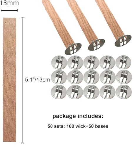 Upgraded 150pcs Wooden Candle Wicks and Stands 5.1 X 0.5 Inch Natural Candle Wood Wicks with Iron Base, Candle Cores for DIY Candle Making Craft Phinicco