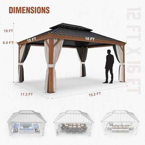 EAGLE PEAK 12x16 Hardtop Aluminum Gazebo, Outdoor Wood Grain Aluminum Frame Pavilion with Textilene Netting and Curtains, Galvanized Steel Double