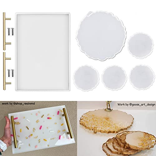 ResinWorld Silicone Resin Molds, 1 Pcs Large Resin Tray Mold + 4 Pack Geode Agate Coaster Molds + Large Tray Mold with Handles ResinWorld