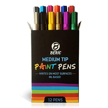 Premium Paint Pens by Beric 12 pack, Oil-based Paint Marker, Medium Point,  Writes on Almost Anything, Water and Sun Resistant Vibrant Colors Low Odor