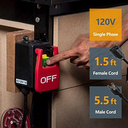 POWERTEC 71755 120V, 9A Magnetic Paddle Switch w/Standard Cords, Quick Power Downs & Large Stop Sign, fits Router Table, Power Tools, Table Saw, - WoodArtSupply