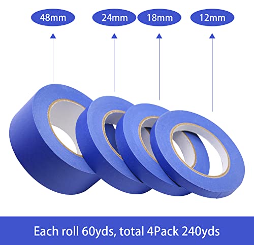 BOMEI PACK 4 Pack Blue Painters Tape, 1/2" 3/4" 1” 2” x 60yds, Multi Size Painting Masking Tape, Clean Release Paper Tape for Home and Office BOMEI PACK