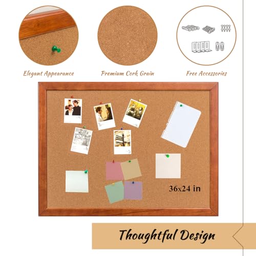 Cork Board 24 x 36 Inch Bulletin Board, Cork Notice Board 100% Wood Framed Brazil Imported, Mounting Hardware Push Pins Included - WoodArtSupply