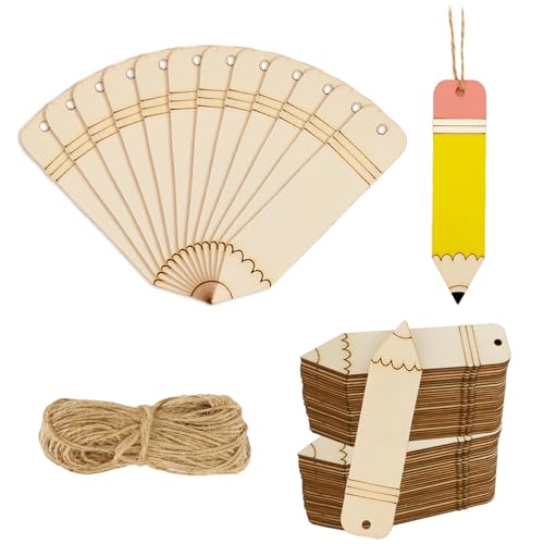 Whaline 50Pcs Back to School DIY Craft Cutout Wooden Pencil Shaped Hanging Ornaments with Hemp Rope for First Day of School Classroom Party Whaline