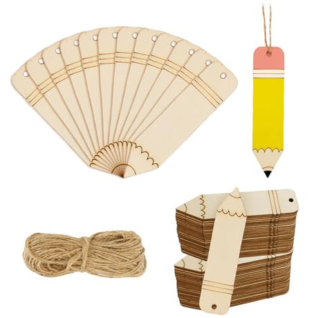 Whaline 50Pcs Back to School DIY Craft Cutout Wooden Pencil Shaped Hanging Ornaments with Hemp Rope for First Day of School Classroom Party Whaline