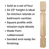 Osborne Square Mission Island Post in Rubberwood (Set of Four), Unfinished Wood Posts for Kitchen Island, Counter Height Table, Bathroom Vanity & Osborne Wood Products