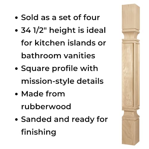 Osborne Square Mission Island Post in Rubberwood (Set of Four), Unfinished Wood Posts for Kitchen Island, Counter Height Table, Bathroom Vanity & - WoodArtSupply