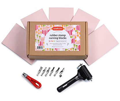Incraftables Rubber Stamp Kit (5-Pack). Linoleum Block Kit with Cutting Blades Tools (6pcs). Block Printing Kit (6in x 4in x ¼ in) Light Pink Color.