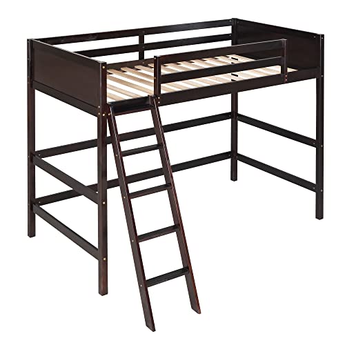 Merax Espresso Twin Modern Wood Loft Bed with Guardrail and Ladders Merax