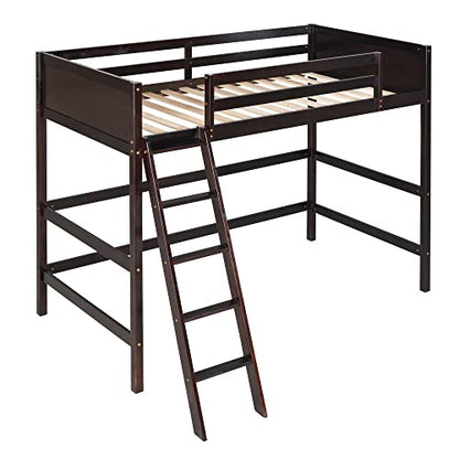 Merax Espresso Twin Modern Wood Loft Bed with Guardrail and Ladders - WoodArtSupply