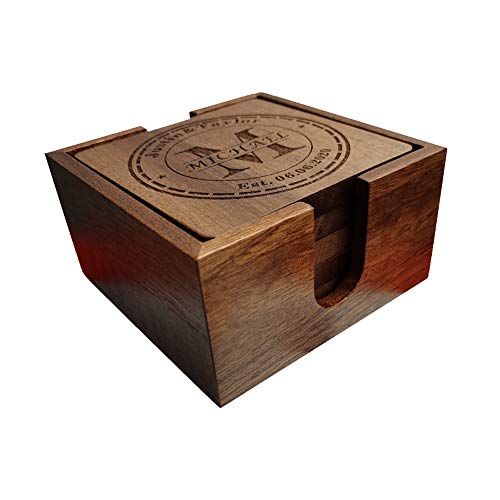 Personalized Coasters, Custom Engraved Wood Coasters for Drinks, Monogram Coasters with Holder, Wedding Gifts, Parents Gifts (M) Mojia