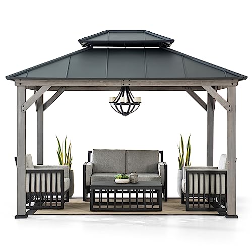 Sunjoy 10 x 12 ft. Wood Gazebo, Outdoor Patio Steel Hardtop Gazebo, Cedar Framed Wooden Gazebo with 2-Tier Metal Roof, Suitable for Patios, Lawn and Sunjoy