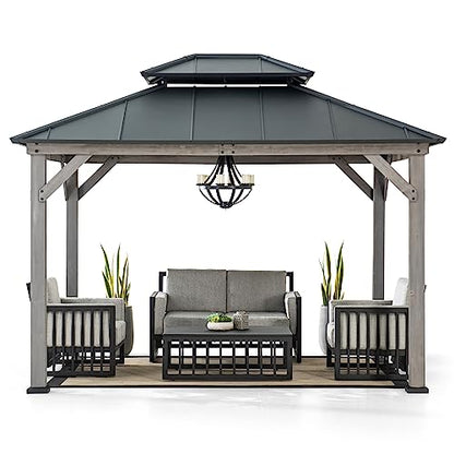 Sunjoy 10 x 12 ft. Wood Gazebo, Outdoor Patio Steel Hardtop Gazebo, Cedar Framed Wooden Gazebo with 2-Tier Metal Roof, Suitable for Patios, Lawn and