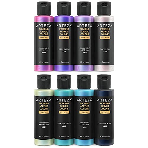ARTEZA Iridescent Acrylic Paint, Set of 8, Elixir Tones, 4 fl oz Bottles, High-Flow Pouring Paint, Art Supplies for Canvas, Glass, Wood, Ceramics, ARTEZA