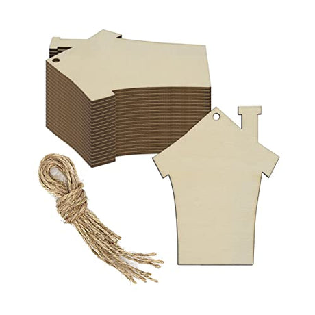 20pcs House Shaped Wood DIY Craft Cutouts Unfinished Wood with Ropes Home Wooden Embellishments Gift Tags Ornaments Decoration JANOU